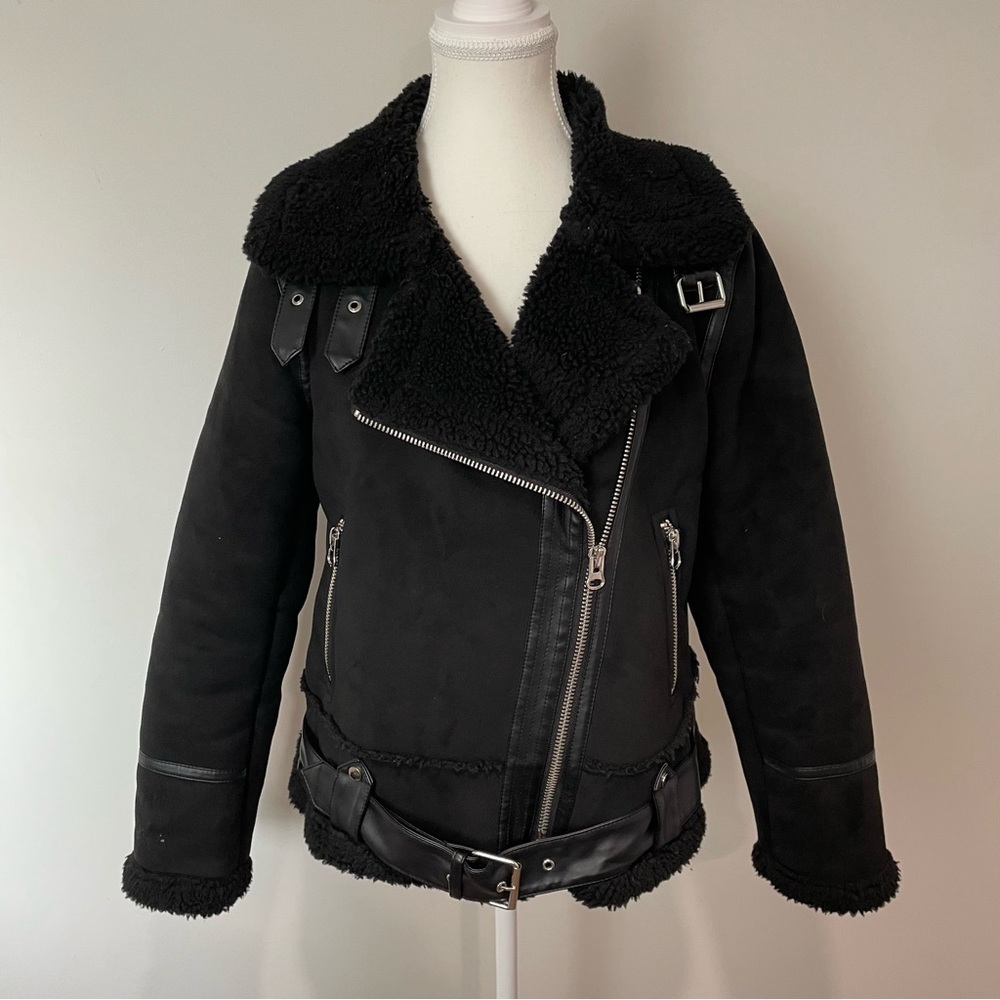 Zara Faux Suede Shearling Lined Moto Jacket Black Size Medium Blogger Fave